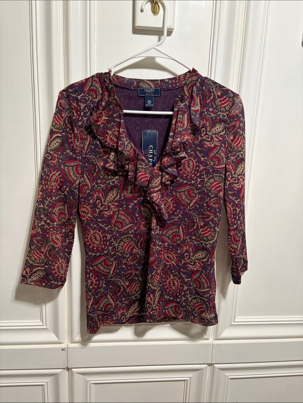Chaps Purple Paisley Ruffle V-Neck Blouse
